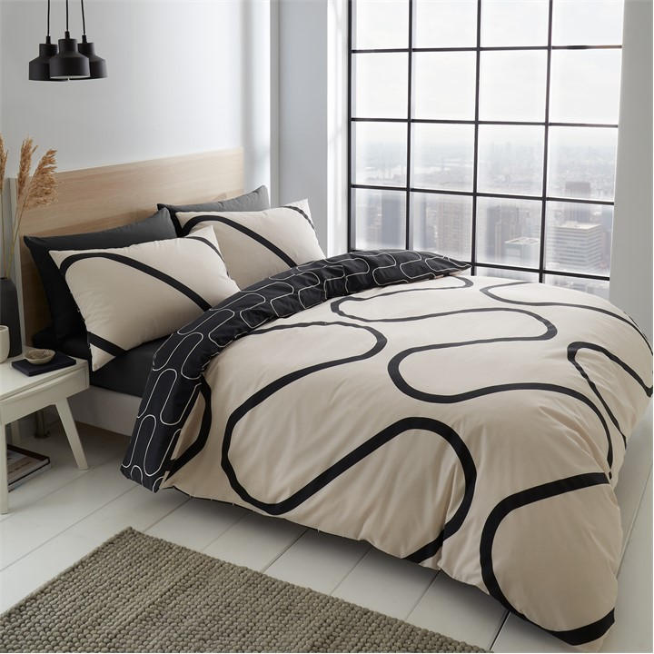 Catherine Lansfield Unisex Black Linear Curve Geometric Reversible Duvet Cover Set Single