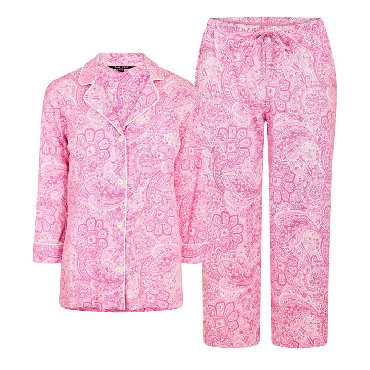 Blue - Lauren by Ralph Lauren - Women's 3/4 Sleeve Notch Collar Long Pyjama Set