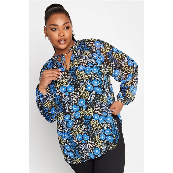 Yours Curve Tie Neck Pretty Floral Chiffon Top Blue