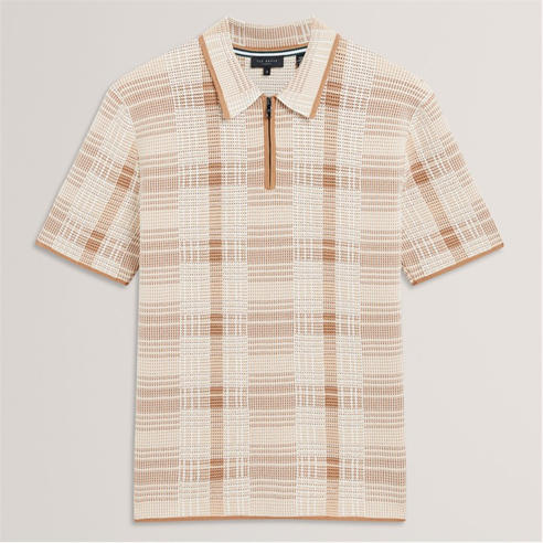 Ted Baker - Mens Checked Zip Neck Cotton Knit Polo