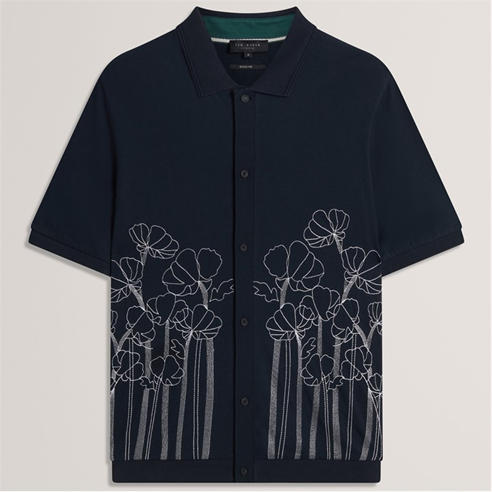 Ted Baker - Mens Embroidered Floral Pure Cotton Knit Shirt