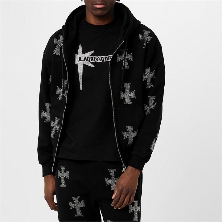 UNKNOWN LONDON RHINESTONE CROSS COTTON HOODIE