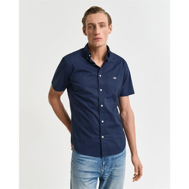 Gant Men's Blue Regular Fit Classic Poplin Short Sleeve Shirt Large