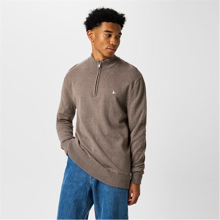 Brown Marl - Jack Wills - Funnel Neck Half Zip Jumper Men
