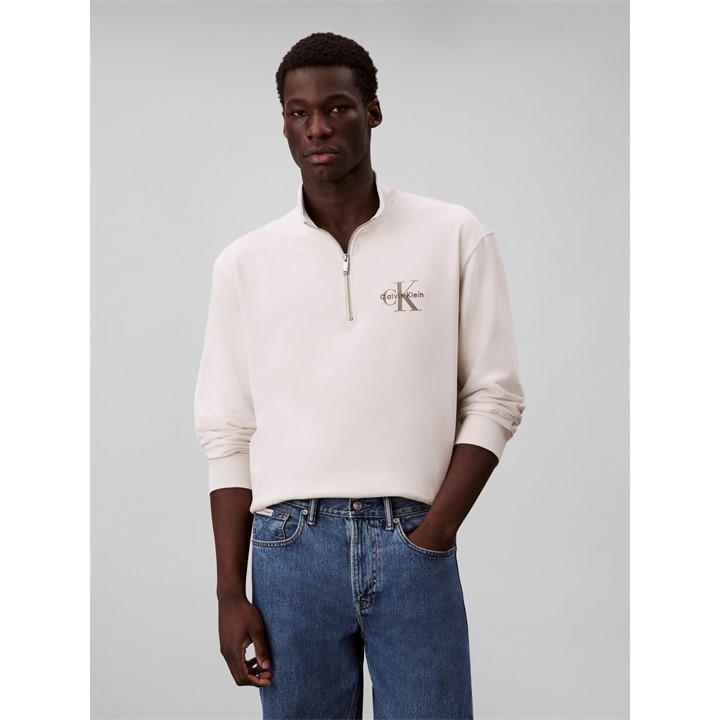 Calvin Klein Jeans Men's White Ckj Monogram Quarter Zip Sn54 Medium