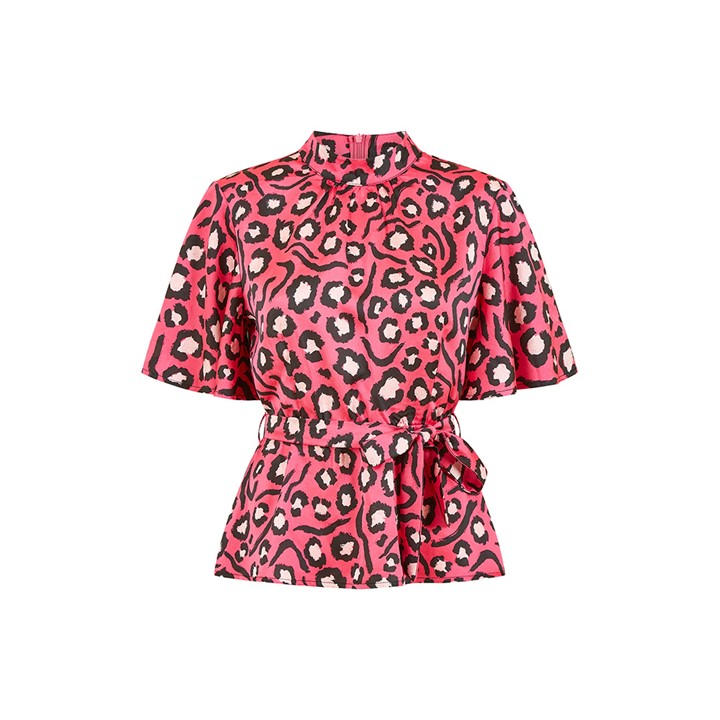 MELA LONDON PINK ANIMAL PRINT BELTED HIGH NECK TOP
