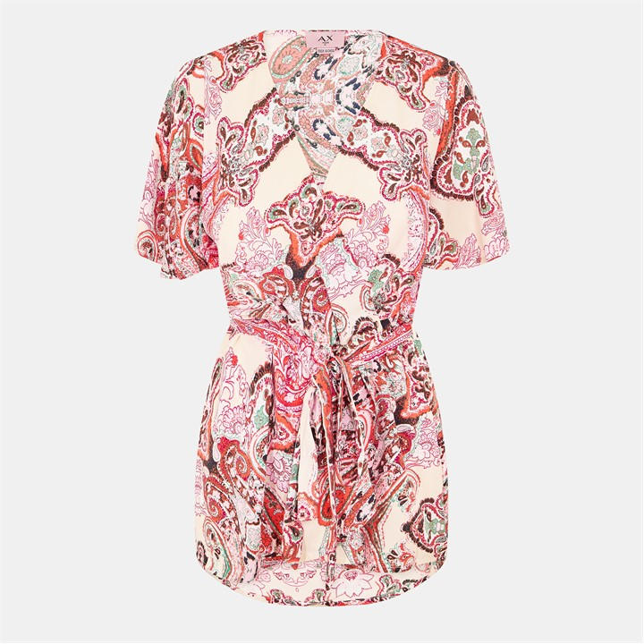 Ax Paris Multi Paisley Print Wrap Short Sleeve Belted Top