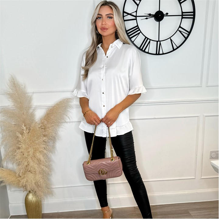 Ax Paris Frill Detail Gold Button Front Shirt In White