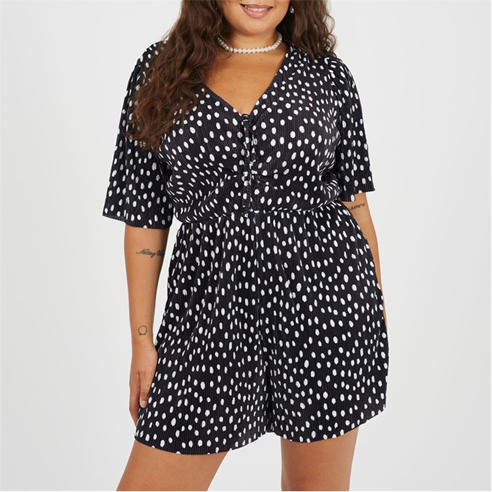 Brave Soul - Womens Plus Size Plisse Romper in Polka Dot Print