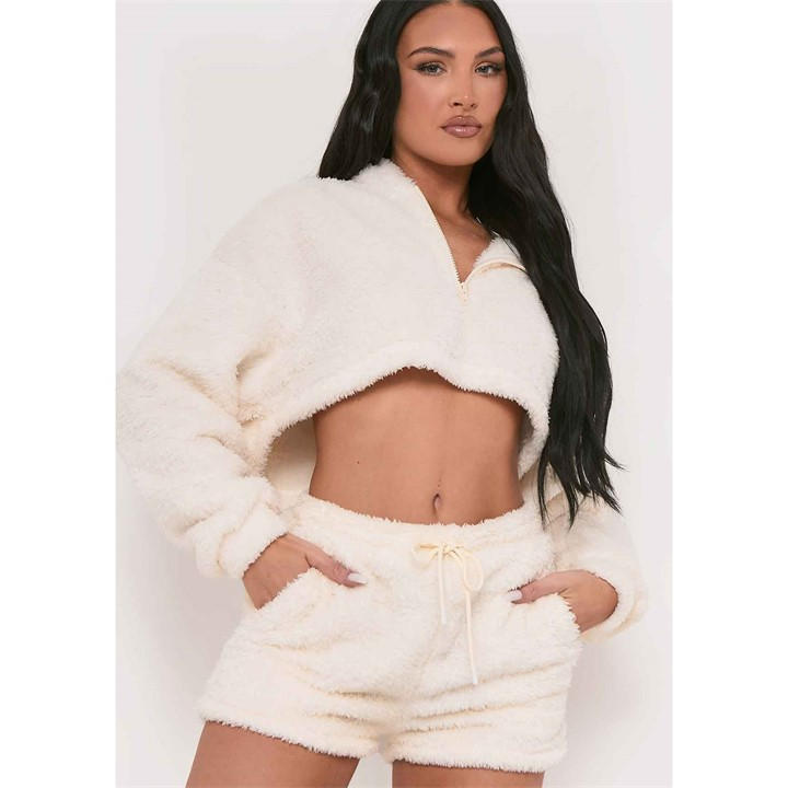 Missy Empire Women's Cream Teddy Drawstring Shorts Size 10