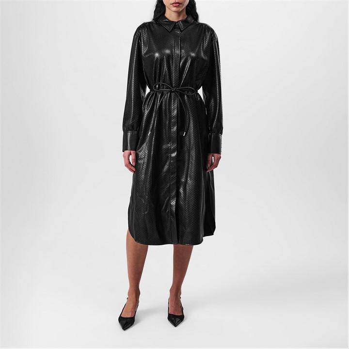 BOSS Women's Dibanora Midi Long Sleeve Shirt Collar Belted Dress - Black