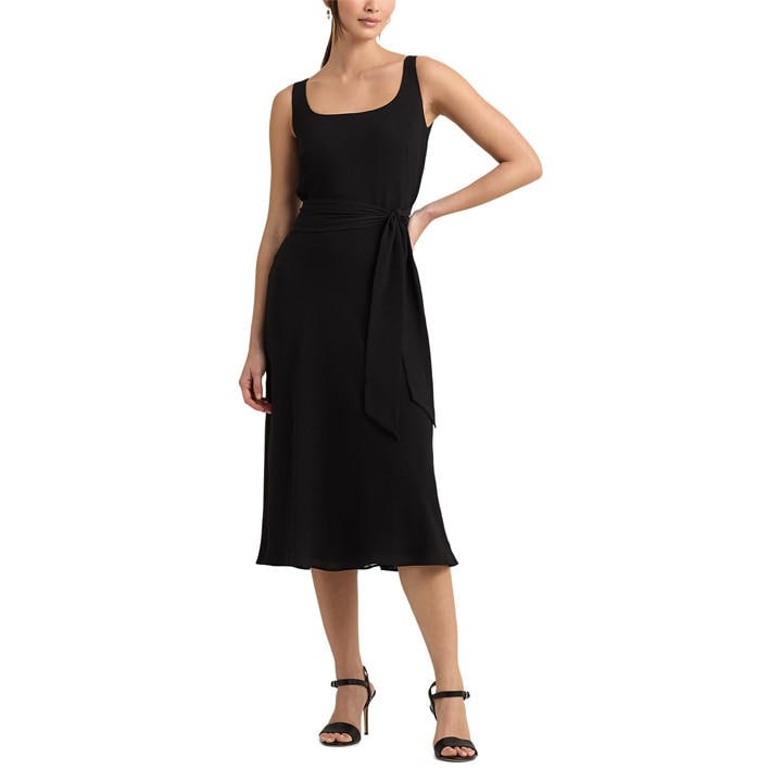 Lauren by Ralph Lauren Belted Crepe Sleeveless Dress - Black
