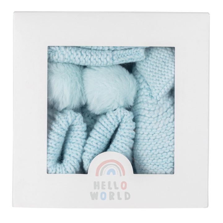 BLUE - Hello World - Baby Boy Knitted New Born Gift Set