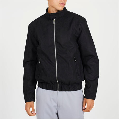 Brave Soul - Men's  Black Faux Suede Funnel Neck Long Sleeve Bomber Jacket