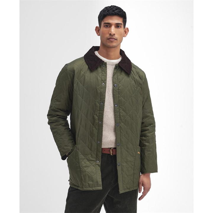 Barbour Heritage Liddesdale Green Jacket With Classic Corduroy Collar And Logo Lettering On The Front In Tec