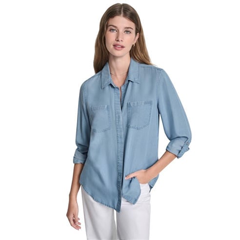 DKNY - DKNY Jeans Split Back Button Front Tencel Shirt W/ Roll Tab Sleeve