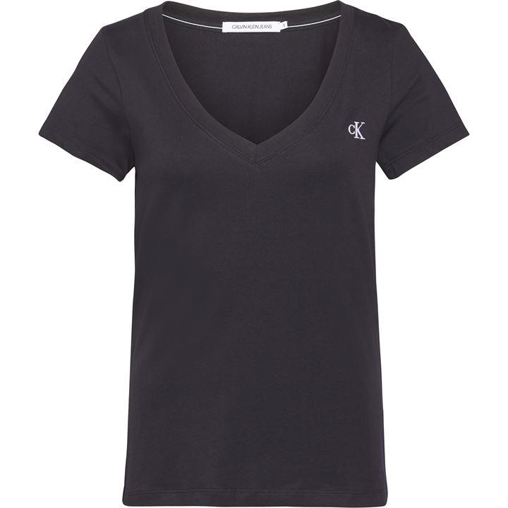 Calvin Klein Jeans Women's Black Embroidery Stretch V-Neck T-Shirt Size 16