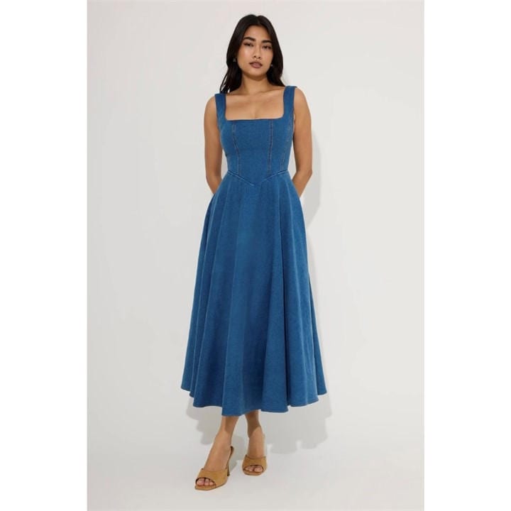 ODD MUSE Womens Sq Neck Midi Long Maxi Dress - Blue