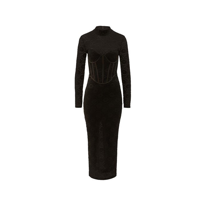 Bardot Women's Carmen Lace Corset Midi Long Sleeve Bodycon Dress - Black