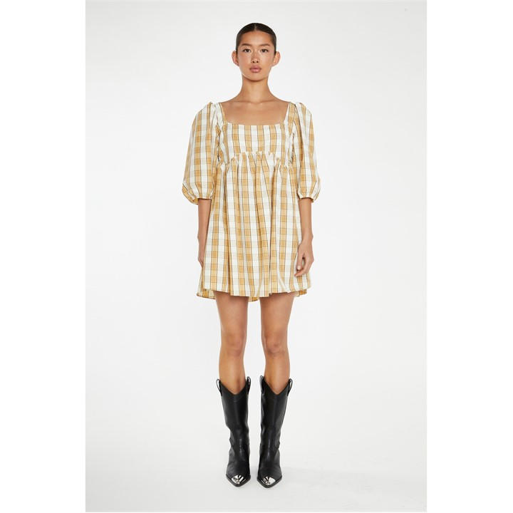 Glamorous Beige-cream Check Square-neck Smock Mini-dre