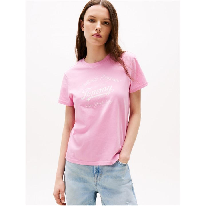 Tommy Jeans Women's Pink Tj Logo Tee Size 12