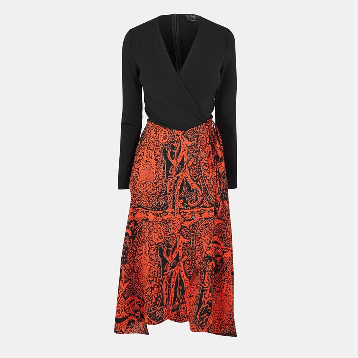 AX PARIS RED AND BLACK PRINTED LONG SLEEVE 2 IN 1 MIDI DRE