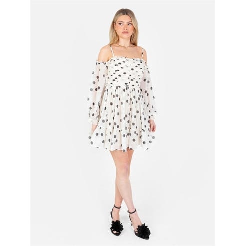 Anaya With Love - Anaya With Love Recycled Polka-Dot Bardot Maxi Sleeve Mini Dress