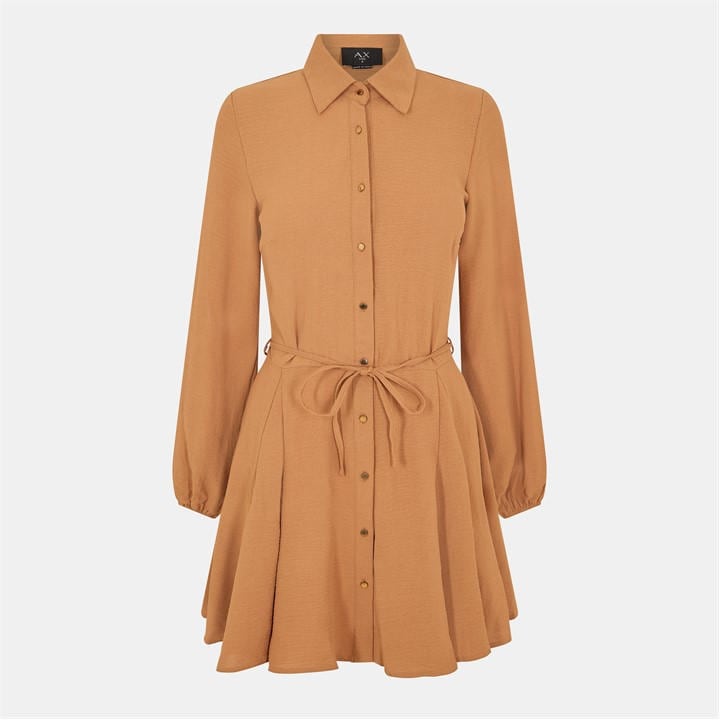 Ax Paris Camel Long Sleeve Button Front Skater Shirt Dre In Brown