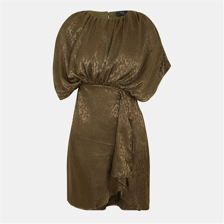 Ax Paris Olive Animal Print Batwing Gathered Top Mini Dre In Green