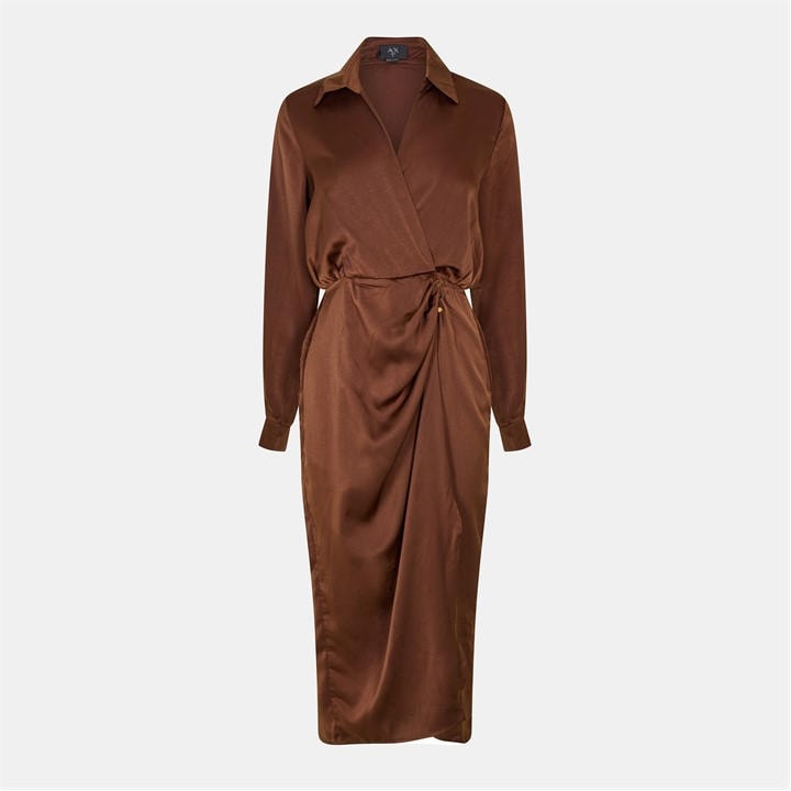 Ax Paris Chocolate Satin Wrap Shirt Midi Dre In Brown