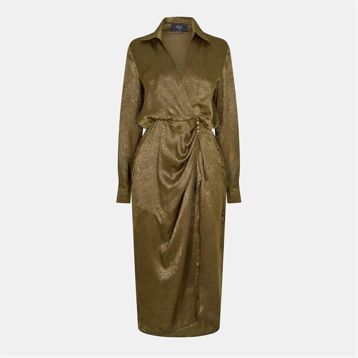 Ax Paris Olive And Gold Wrap Shirt Midi Dre In Green