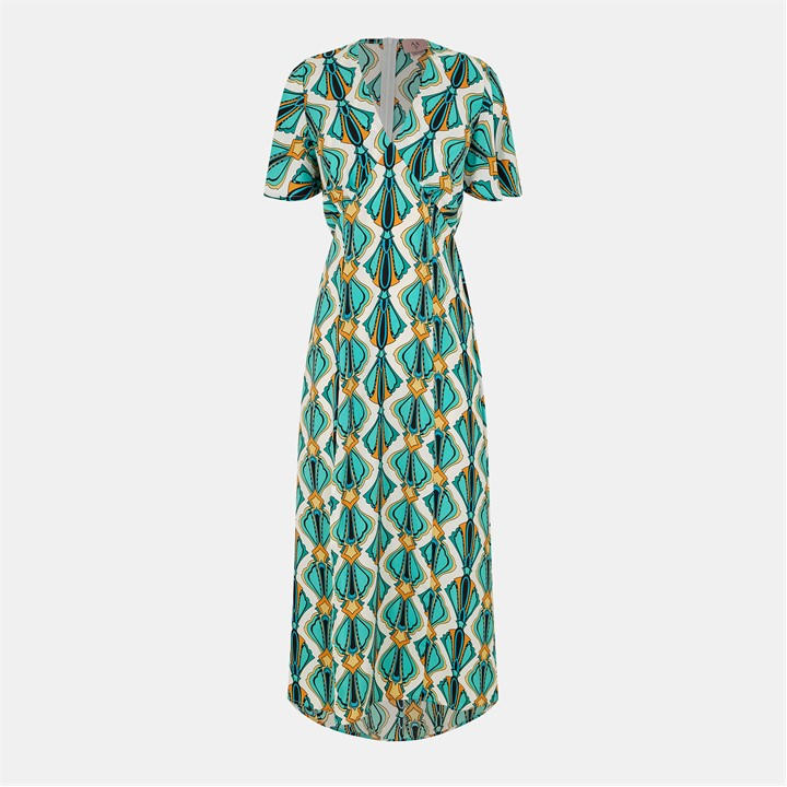 Ax Paris Multi Print V Neck Tie Detail Short Sleeve Midi Dre