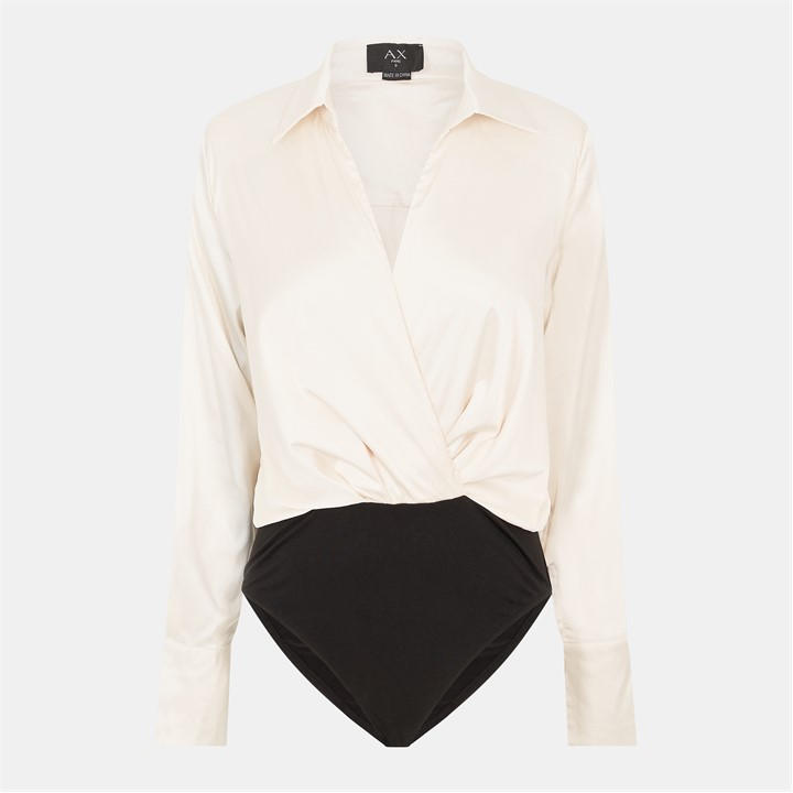 AX PARIS CREAM SATIN WRAP SHIRT BODYSUIT