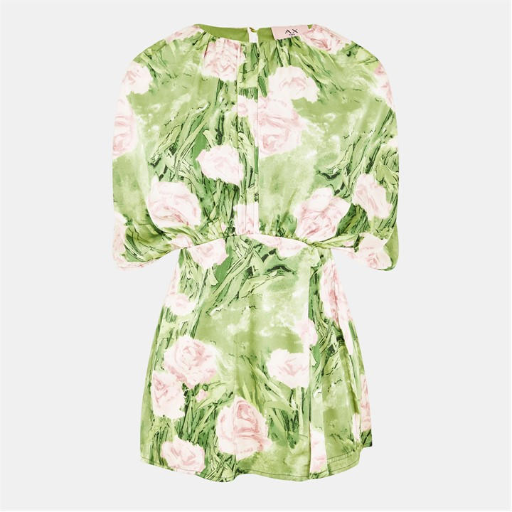 Ax Paris Green Floral Satin Ruched Shoulder Batwing Top