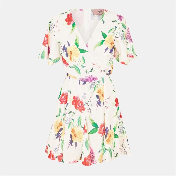 Ax Paris Cream Floral Printed Wrap Top Skater Dre In Multi