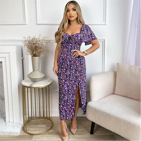 AX Paris - Purple Animal Print Short Sleeve Tie Front Midi Dress