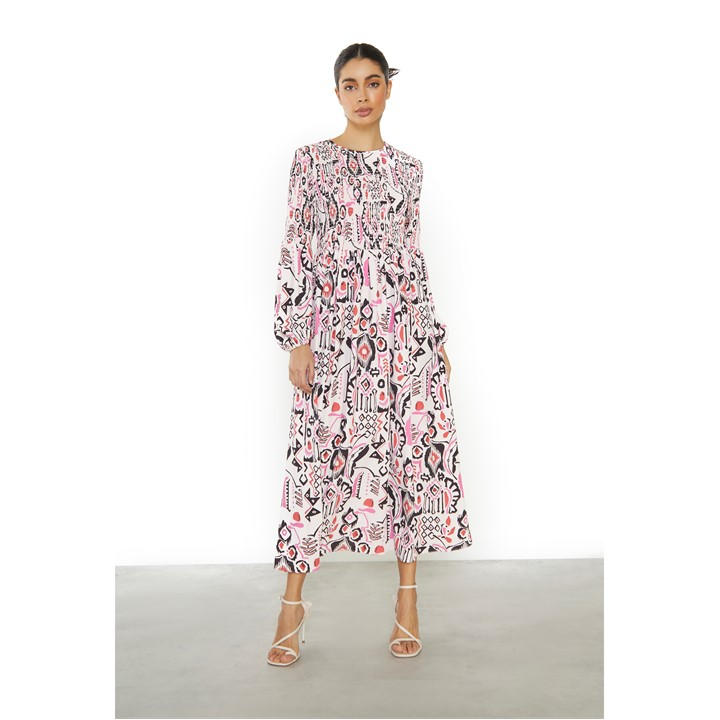 Glamorous Multi Abstract Long Sleeve Midi Dre