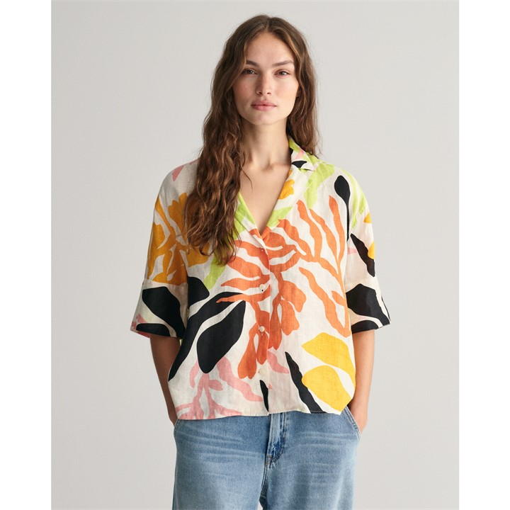 Gant Relaxed Fit Palm Print Linen Short Sleeve Shir