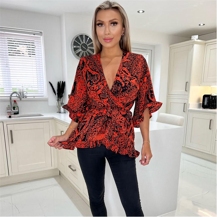 Ax Paris Nd Black Printed Frill Hem Wrap Top