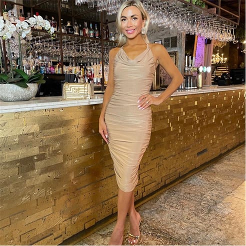 AX Paris - Stone Tie Halter Neck Ruched Midi Dress