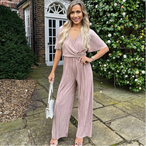 AX Paris - Wrap Top Short Sleeve Plisse Jumpsuit