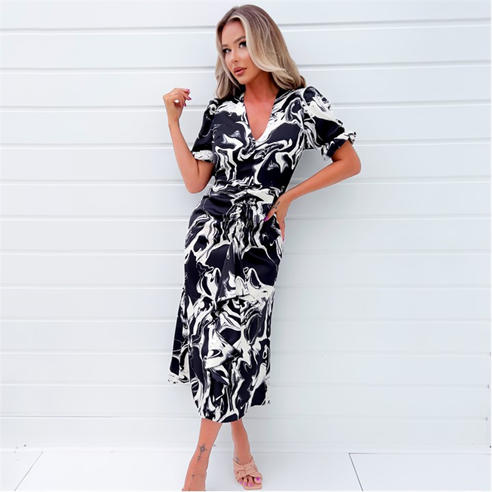 AX Paris - Black And Cream Printed Frill Front Midi Dress