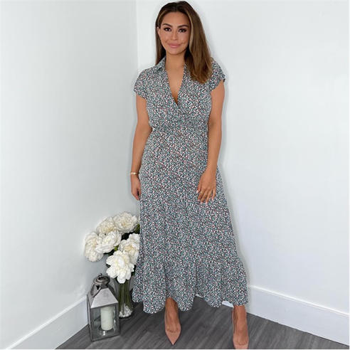 AX Paris - Black Floral Print Short Sleeved V-Neck Midi Smock Dress