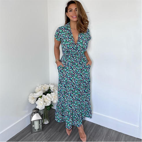 AX Paris - Navy Floral Print Short Sleeved V-Neck Midi Smock Dress