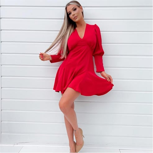 AX Paris - Red V-Neck Long Sleeve Skater Dress