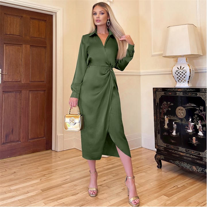 Ax Paris Wrap Satin Shirt Midi Dre In Green