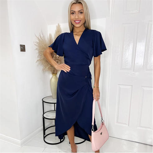 AX Paris - Navy Short Sleeve V Neck Gold Buckle Wrap Midi Dress