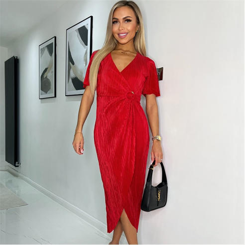 AX Paris - Short Sleeve Plisse Wrap Midi Dress