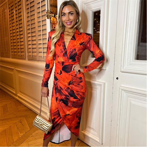 AX Paris - Red Printed Long Sleeve Wrap Midi Dress