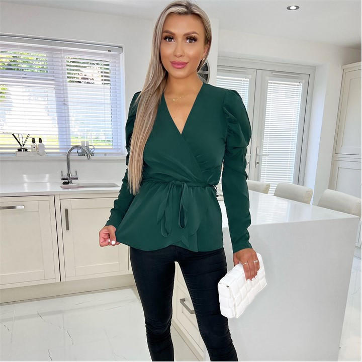 Ax Paris Wrap Long Sleeve Top In Green